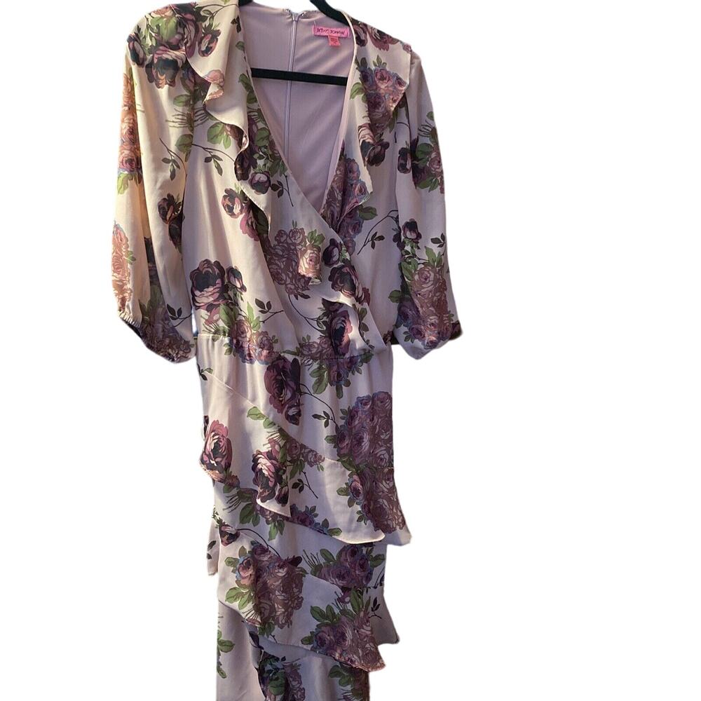 Betsey Johnson Size 14 Pink Roses Floral Wrap Ruffle Maxi Dress Brunch Wedding